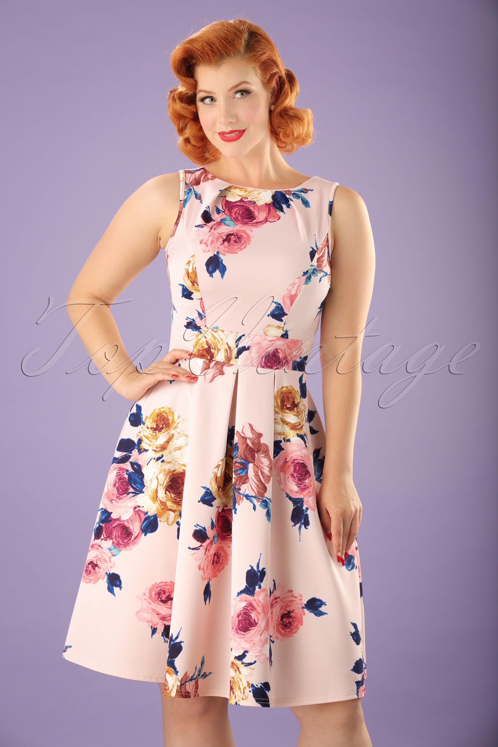 Vintage Chic for Topvintage - Veronica Flare-jurk in pastelroze