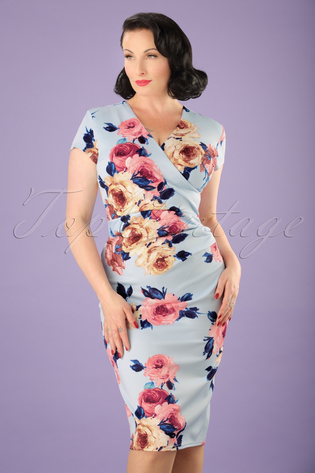 50s Madeline Floral Pencil Dress in Sky Blue