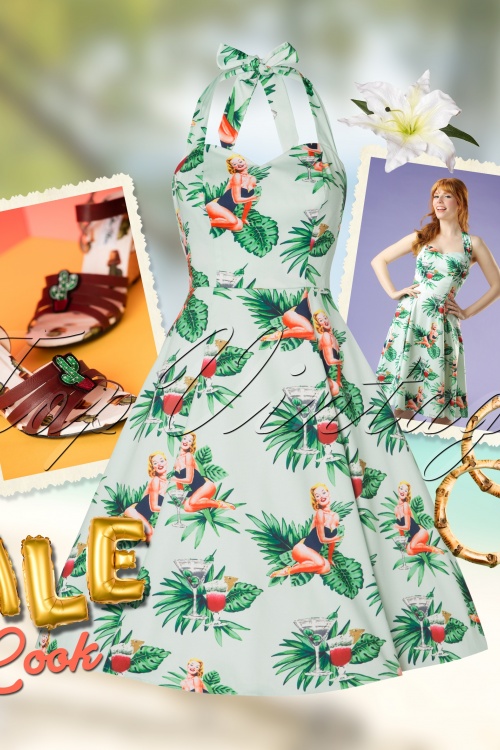 Collectif Clothing - Lori tropische pin-up girl-swingjurk in mintgroen 9