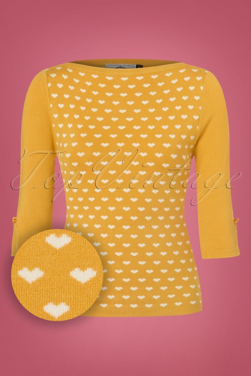 Banned Retro - Charming Heart Knit Sweater Années 60 en Moutarde 2