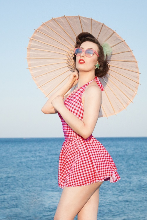 Esther Williams - Topvintage Exclusive ~ 50s Marilyn Swimdress in Raspberry Red Gingham 2