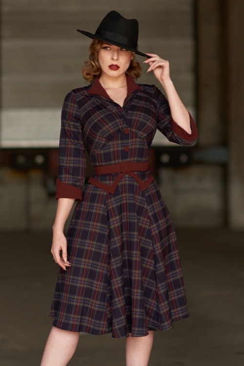 Miss Candyfloss - 50s Brianna Tartan Swing Dress in Navy and Wine 3