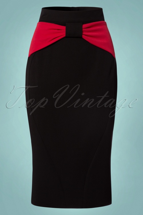 Miss Candyfloss - Victoria Bow Pencil Skirt Années 50 en Rouge et Noir