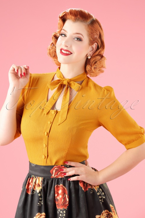 Vixen - 40s Candice Bow Blouse in Mustard Yellow