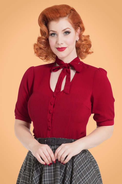 Vixen - 40s Candice Bow Blouse in Dark Red