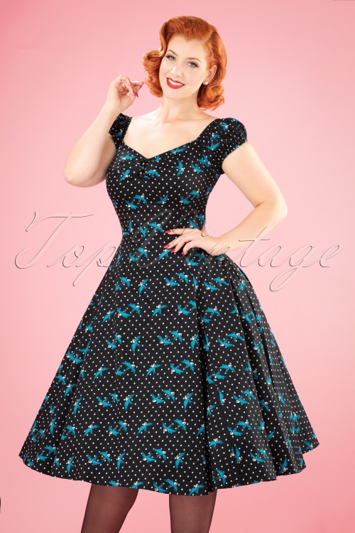 50s Dolores Rockabilly Swallows Doll Dress in Black