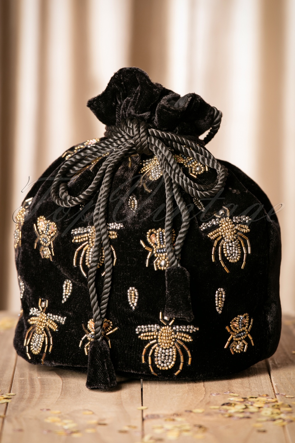20s Sparkly Bees Drawstring Pouch Bag in Black