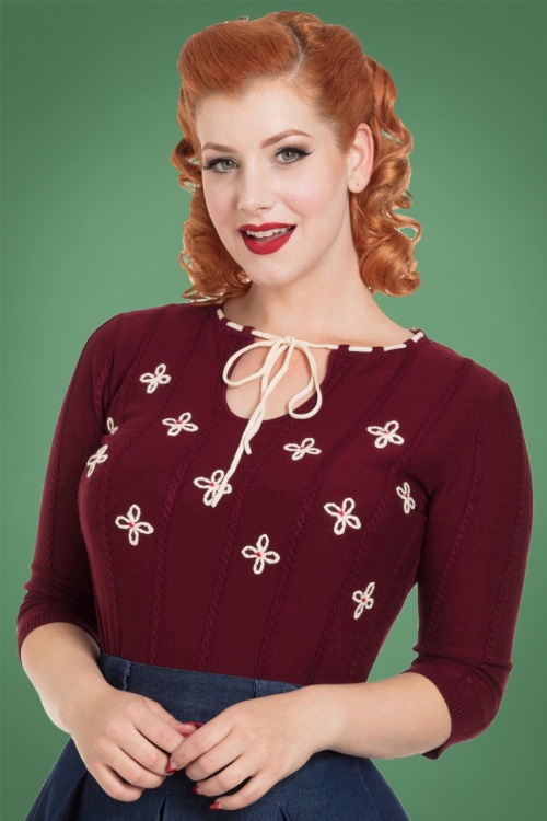 Vixen - 50s Chloe Floral Sweater in Burgundy