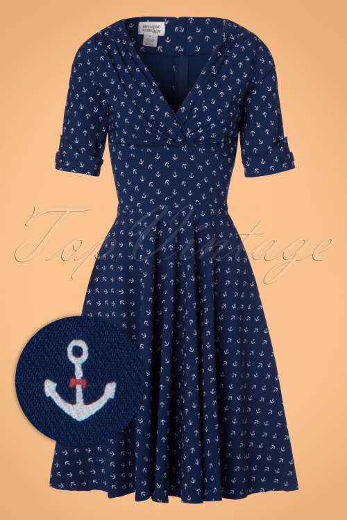 Unique Vintage - 50s Delores Anchor Swing Dress in Blue 2