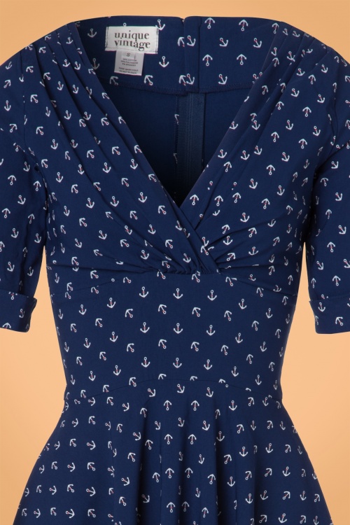 Unique Vintage - Robe Années 50 Delores Anchor Swing Dress en Bleu Marine 4