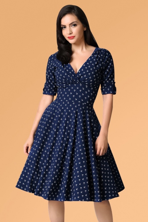 50s Delores Anchor Swing Dress in Blue