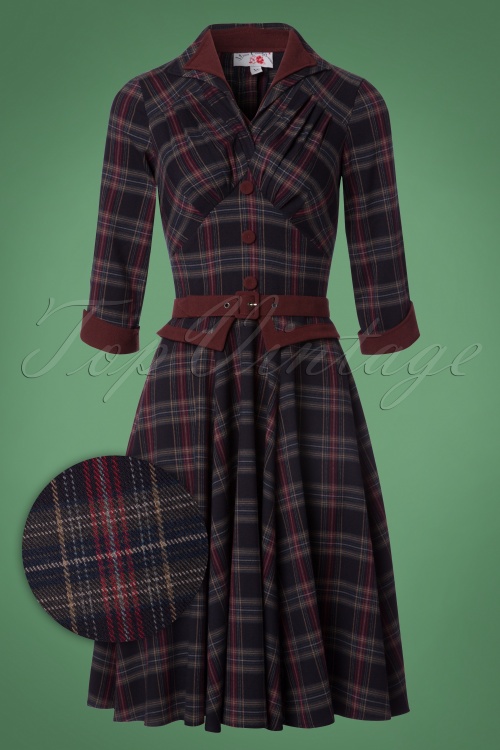 Miss Candyfloss - 50s Brianna Tartan Swing Dress in Navy and Wine 2