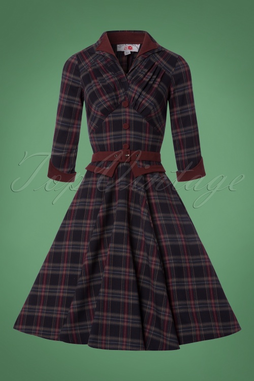 Miss Candyfloss - 50s Brianna Tartan Swing Dress in Navy and Wine 4