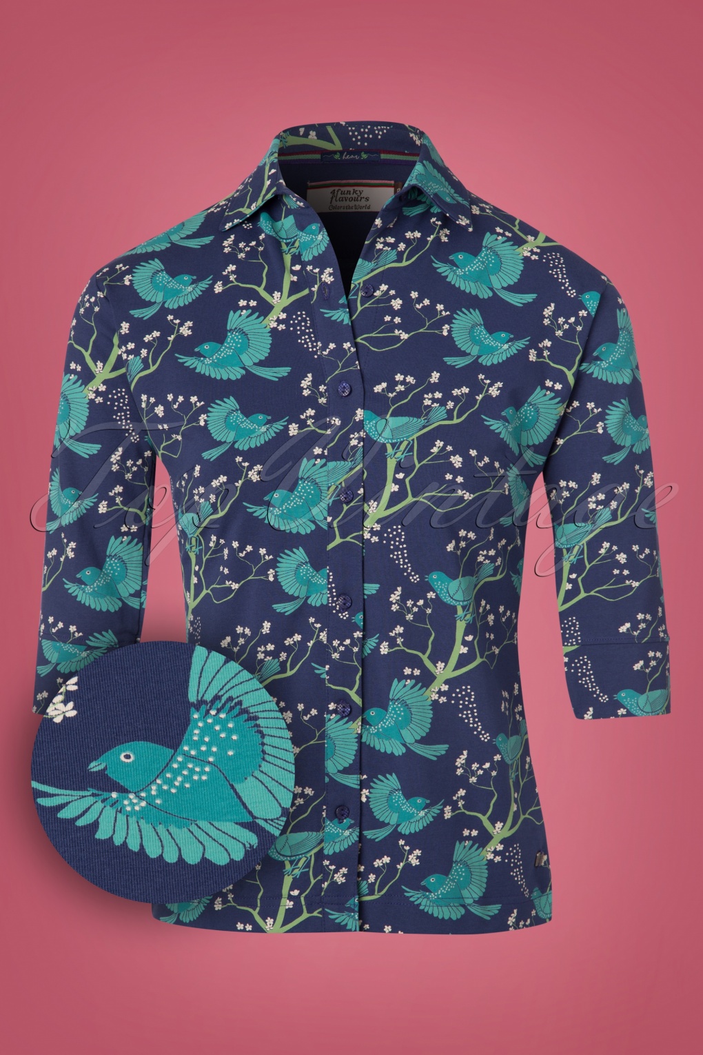 BANNED Apparel Women's Retro Vintage Blouse - White Snow Bird Kitty Cat Butterfly Print - 3/4 Sleeve