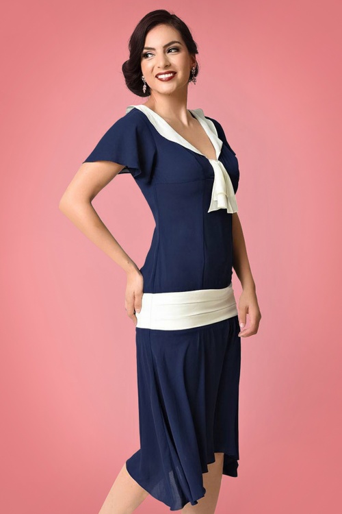20s Wilshire Chiffon Flapper Dress in Navy