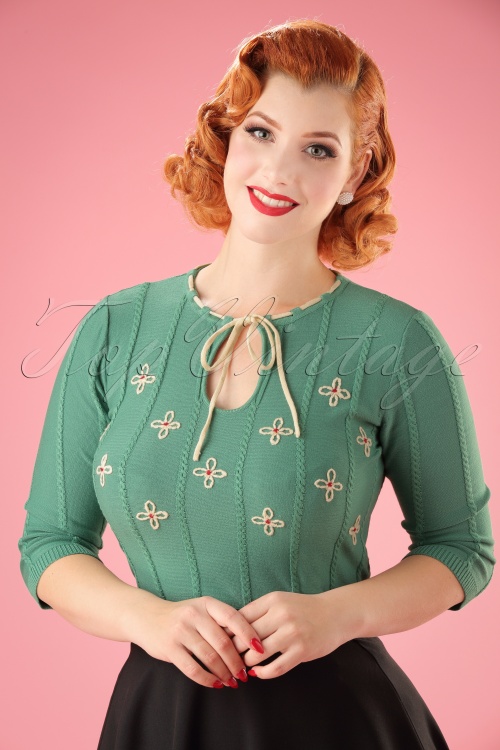 50s Fearne Floral Sweater in Green