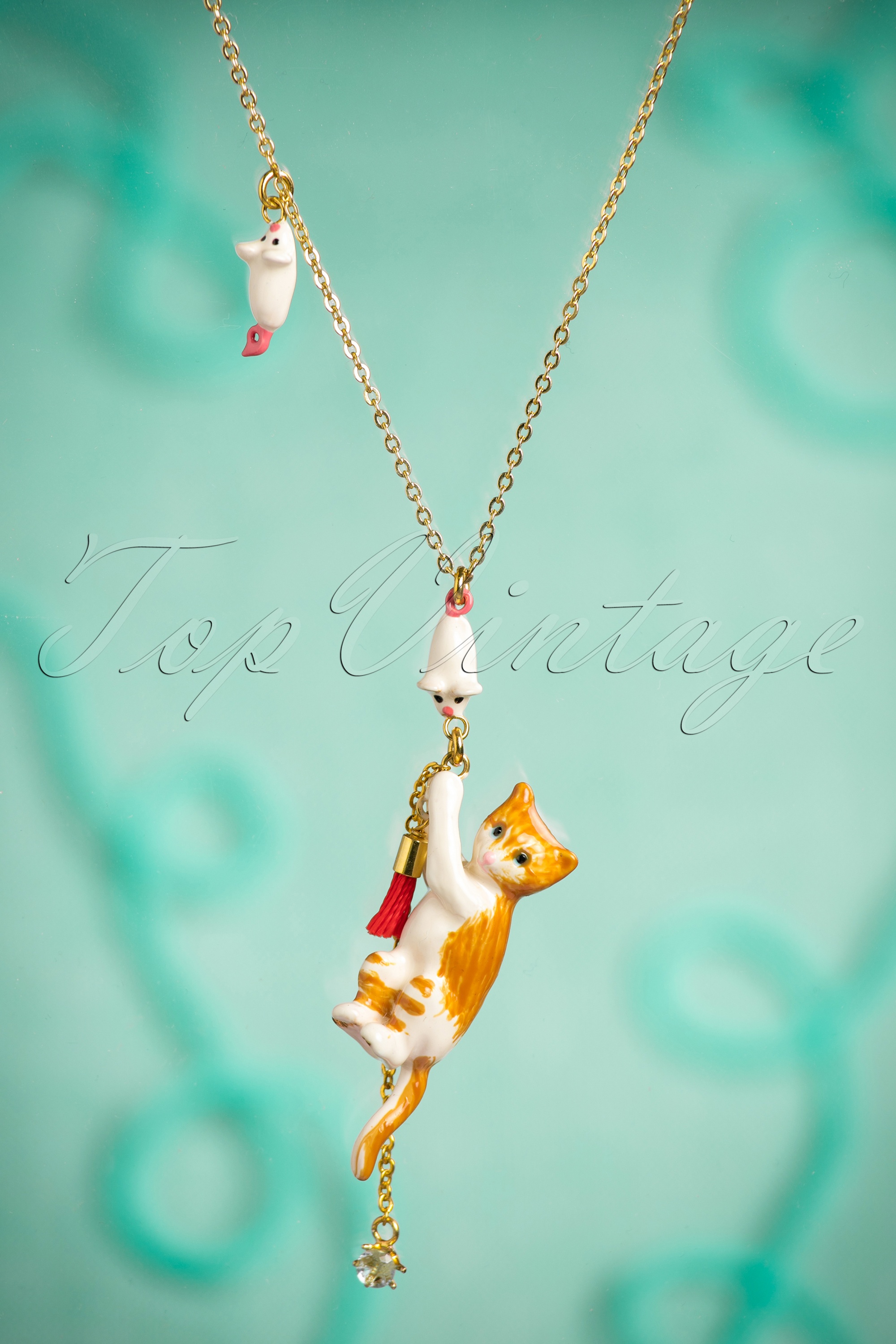 N2 50s Playful Kitten Grabbing The Curtain Necklace Gold Plated Shop at Topvintage