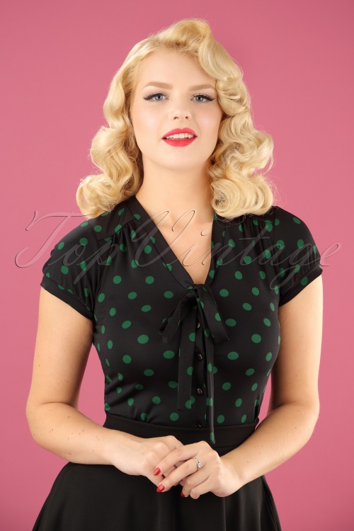 50s Party Polka Bow Blouse in Peacock Green