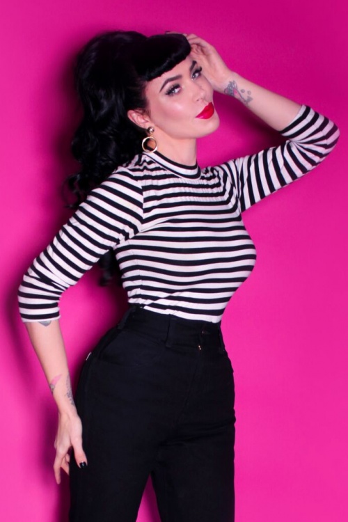 Vixen by Micheline Pitt - 50s Bad Girl Top in Black and White Stripes 4