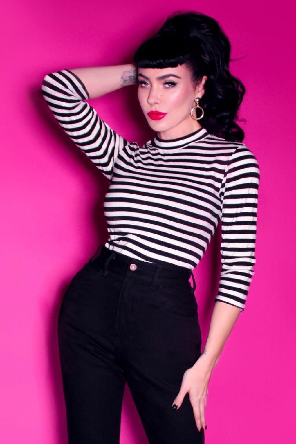 50s Bad Girl Top in Black and White Stripes