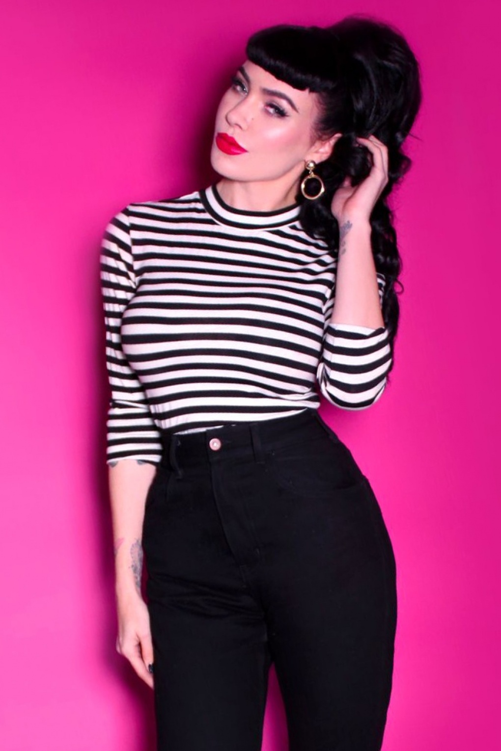 50s Bad Girl Top in Black and White Stripes