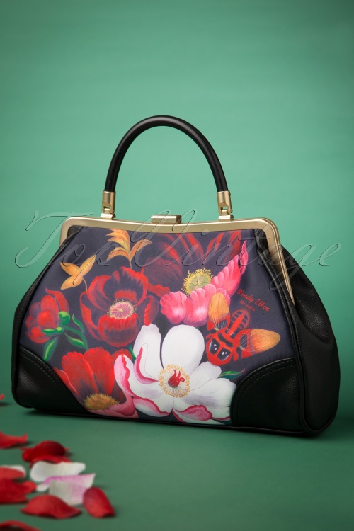 Woody Ellen - 50s Glorious Floral Retro Handbag in Black 3