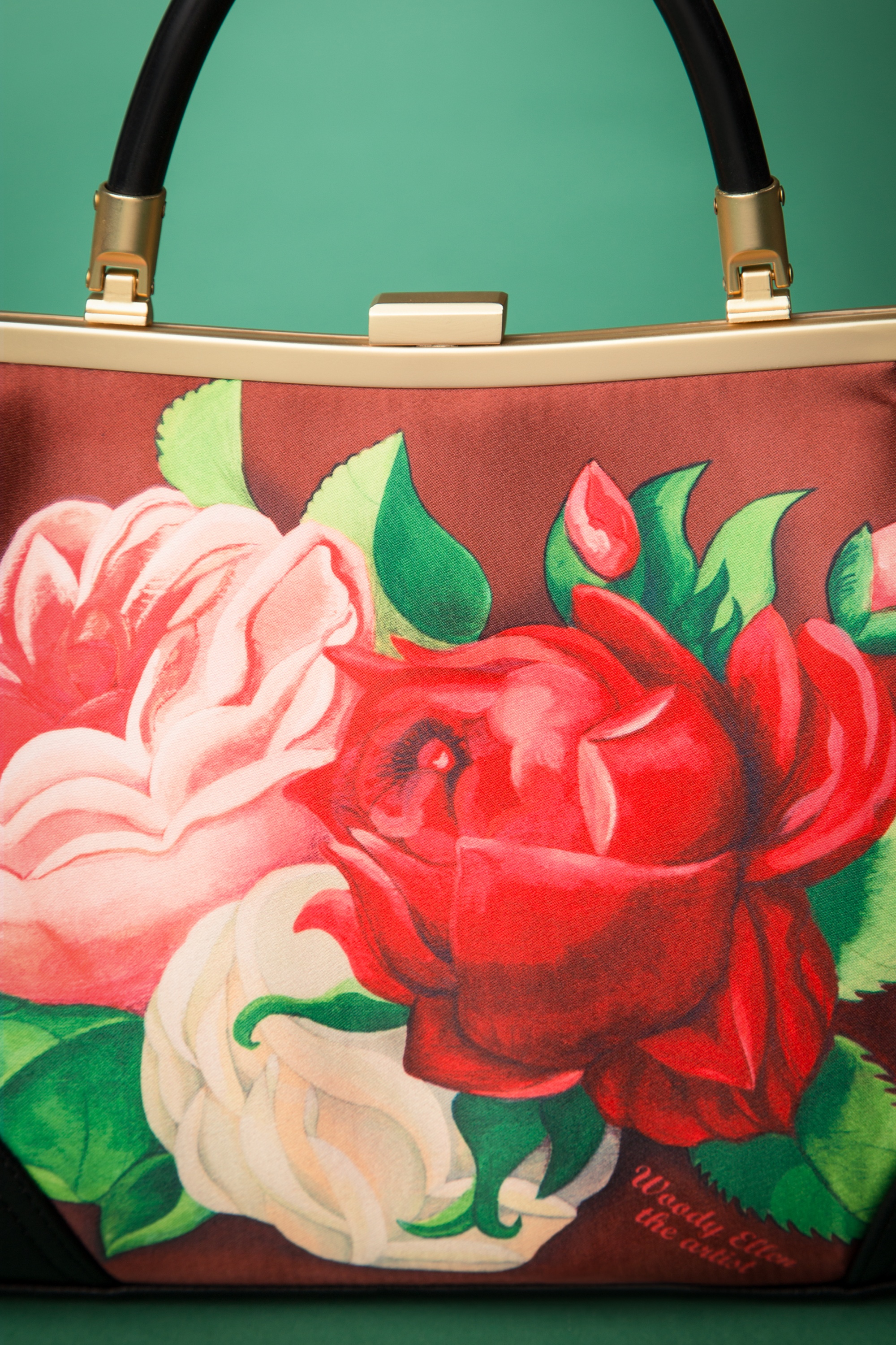 Woody Ellen - Rode Parijs bloemen retro handtas in bruin 4