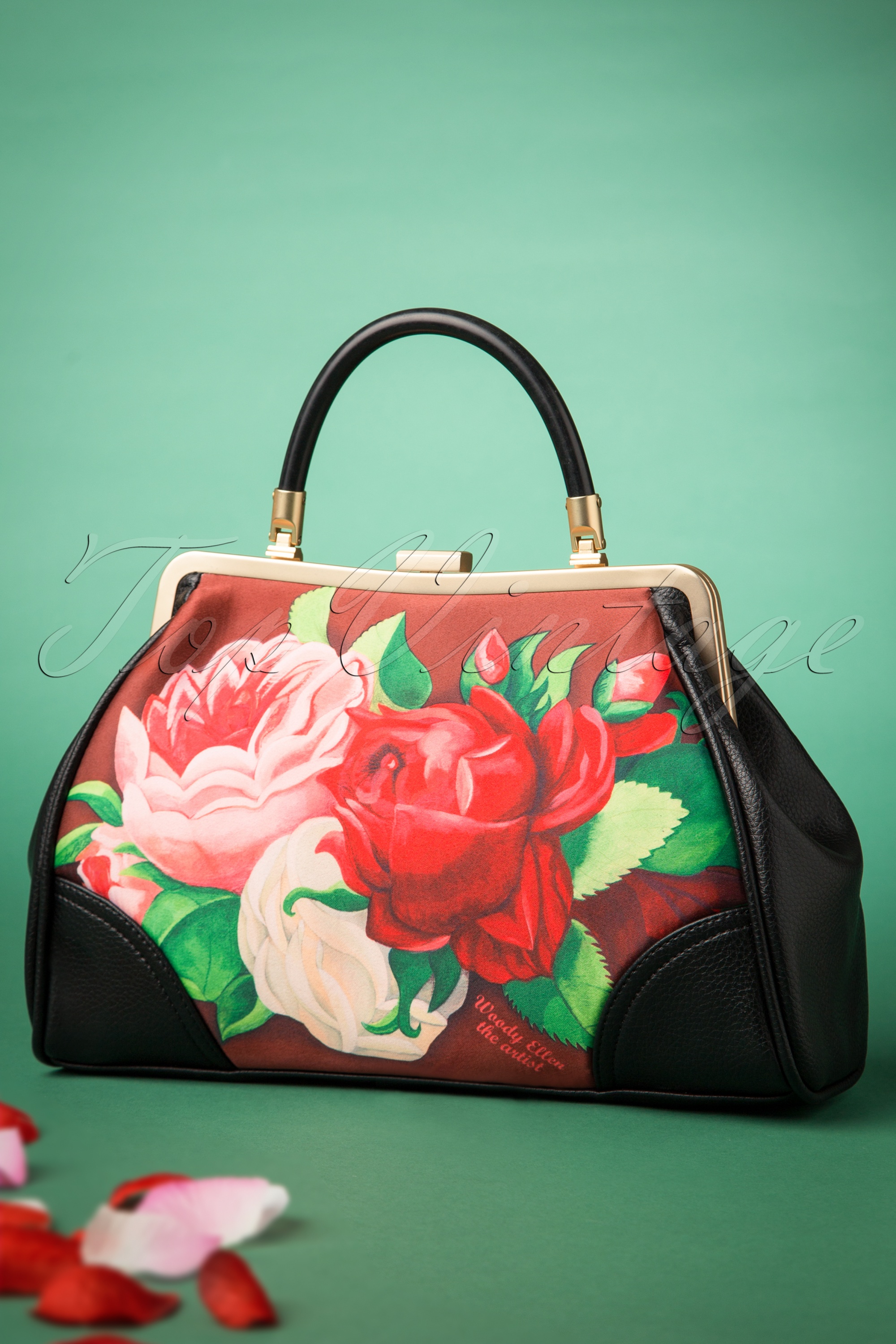 Woody Ellen - Rode Parijs bloemen retro handtas in bruin 3