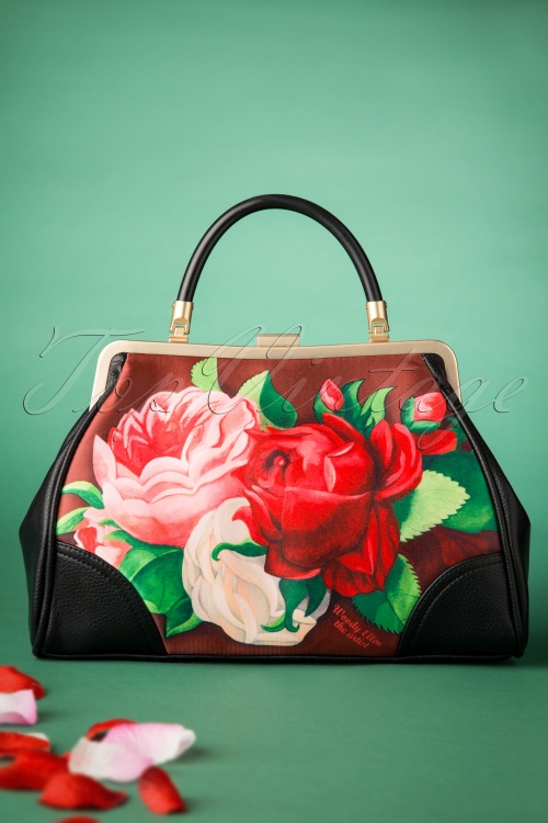 Woody Ellen - 50s Red Paris Floral Retro Handbag in Brown