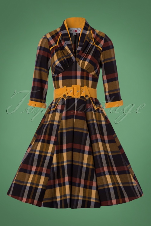Miss Candyfloss - TopVintage Exclusive ~ Tatiana Dora Swing-Kleid mit Schottenmuster in Gelb und Marineblau 3