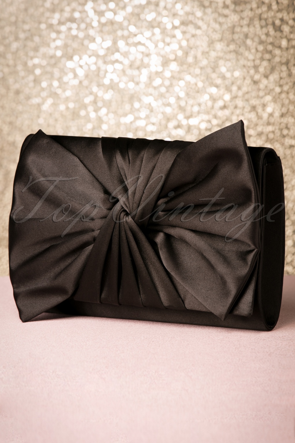 50s Satin Bow Evening Clutch in Black