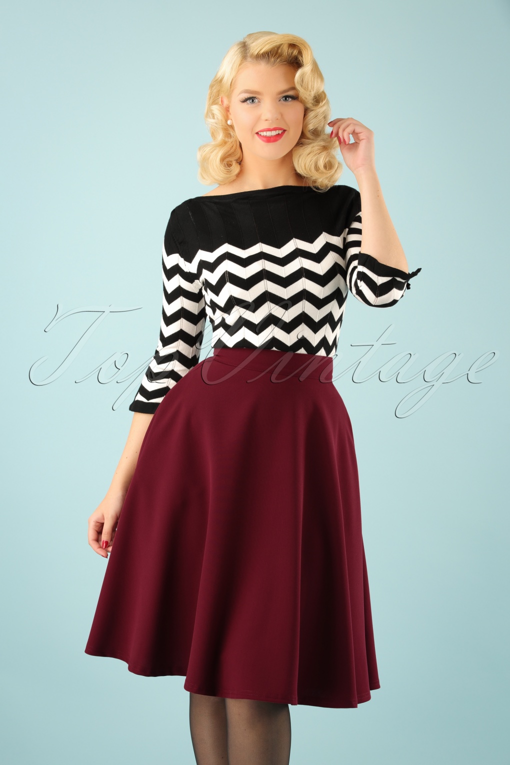 50s Beverly High Waist Swing Skirt In Burgundy