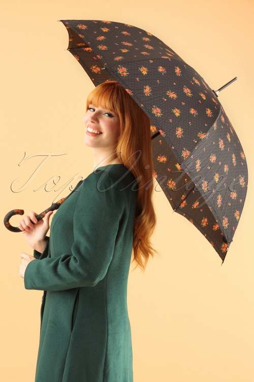 So Rainy - Retro Floral Umbrella Années 60 en Noir 2