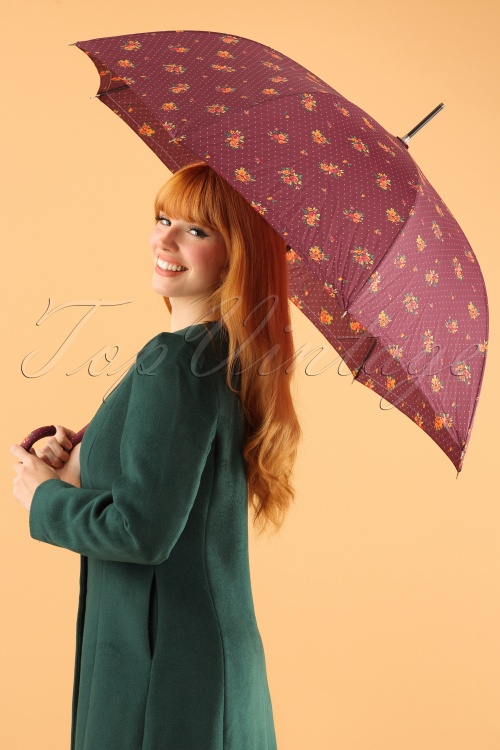 So Rainy - 60s Retro Floral Umbrella in Aubergine