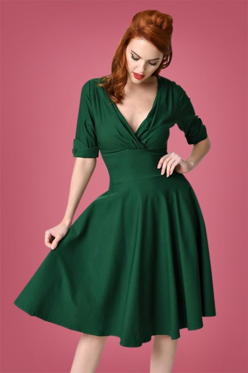 Unique Vintage - 50s Delores Swing Dress in Emerald Green 3