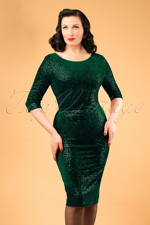 50s Twinkle Sequin Pencil Dress in Green