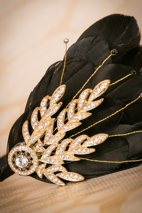 Foxy - 20s Verity Crystal and Feather Hairband in Black and Gold 2