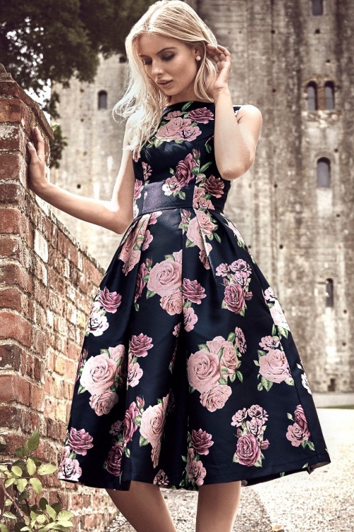Chi Chi London - 50s Montana Floral Swing Dress in Navy