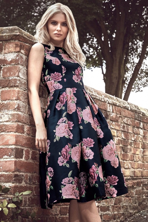 Chi Chi London - 50s Montana Floral Swing Dress in Navy 3