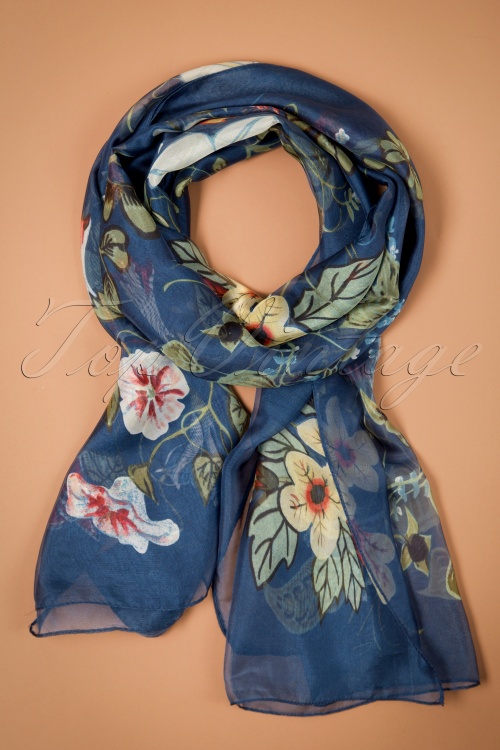 Kaytie - 60s Flowers and Leaves Around Me Scarf in Navy 2