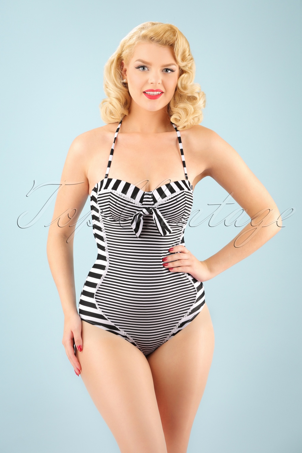 50s Nancy Stripes Halter Swimsuit In Black And White