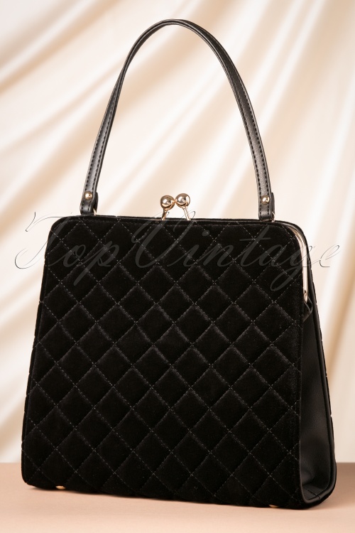 Vixen - 50s Quilted Velvet Handbag in Black 3