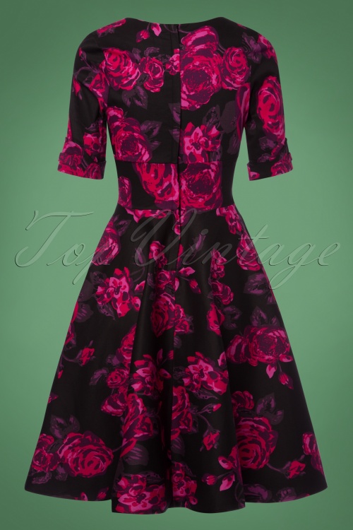 Unique Vintage - 50s Delores Floral Swing Dress in Black and Pink 11