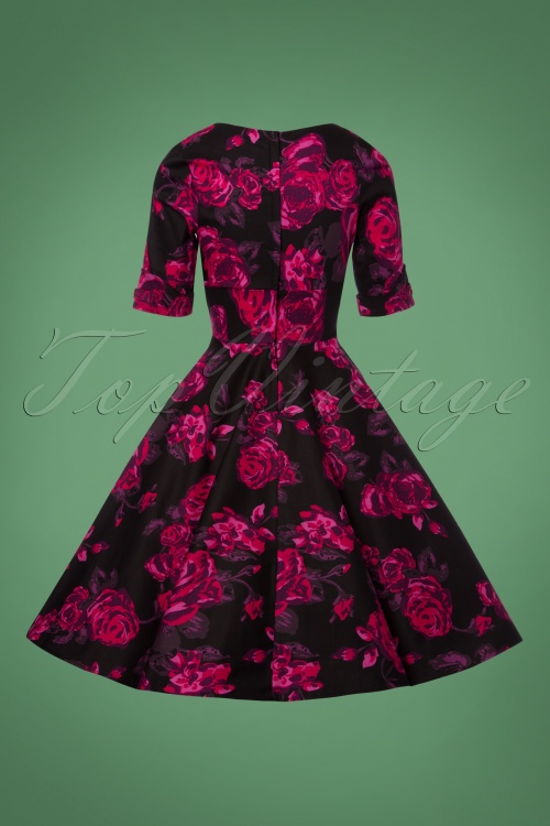Unique Vintage - 50s Delores Floral Swing Dress in Black and Pink 12