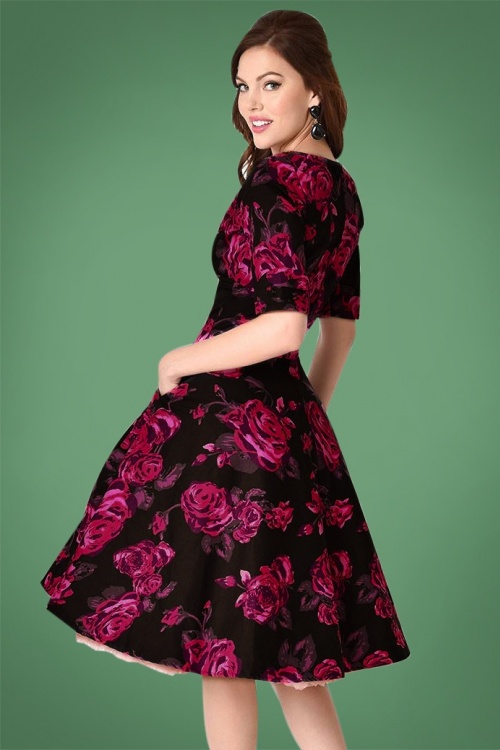 Unique Vintage - 50s Delores Floral Swing Dress in Black and Pink 13