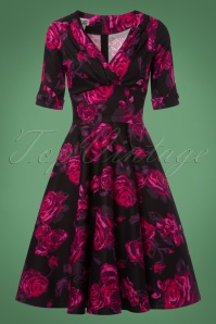 Unique Vintage - Delores Floral Swing-jurk in zwart en roze 4