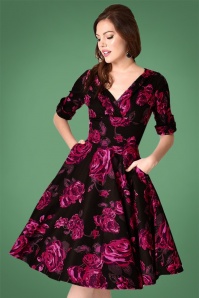 Unique Vintage - 50s Delores Floral Swing Dress in Black and Pink 8