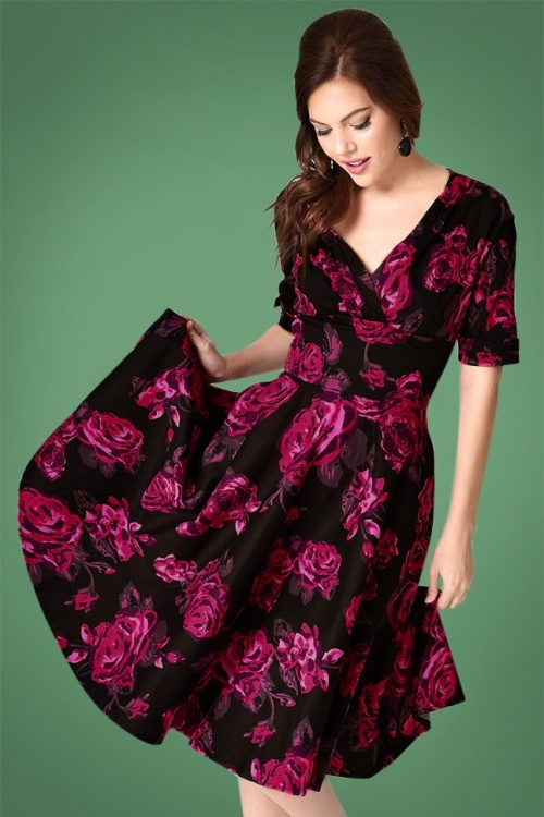 Unique Vintage - 50s Delores Floral Swing Dress in Black and Pink 7