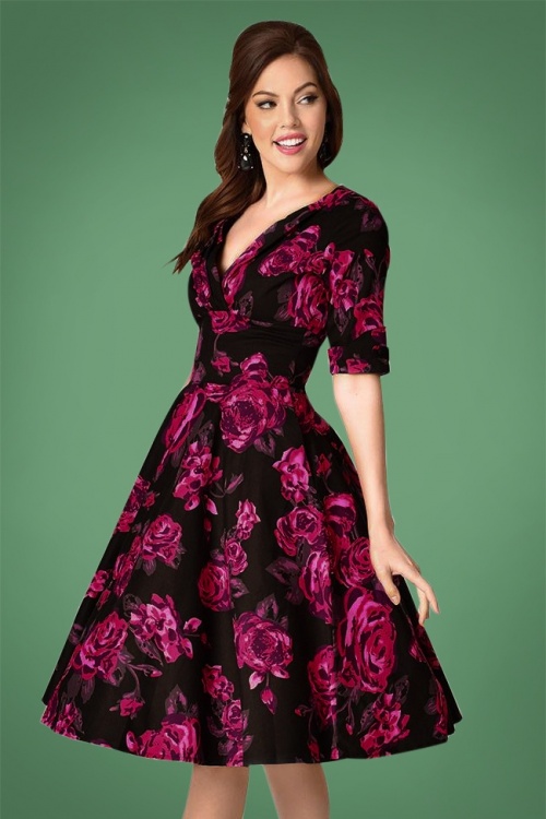 Unique Vintage - Delores Floral Swing-jurk in zwart en roze 6