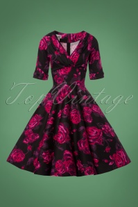 Unique Vintage - 50s Delores Floral Swing Dress in Black and Pink 5